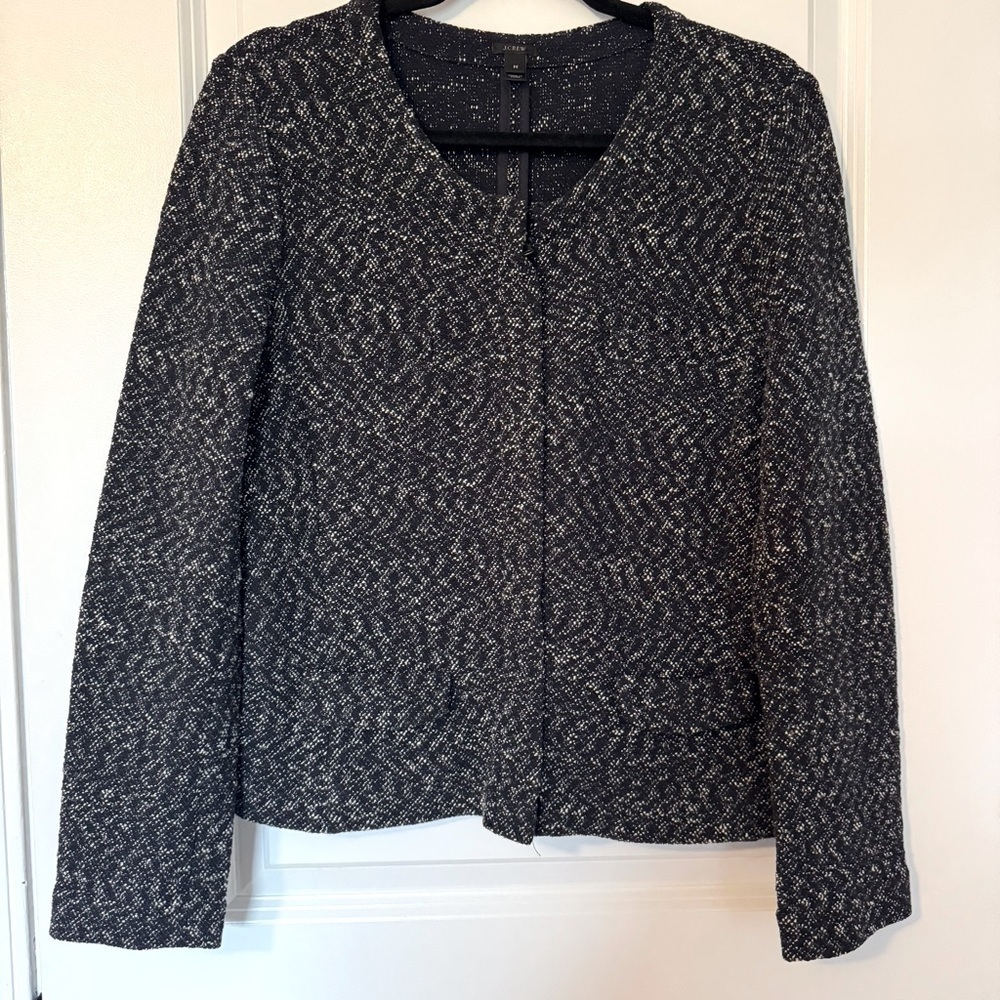 J. Crew Navy Blue and White Micro Tweed Sweater Jacket Size Medium